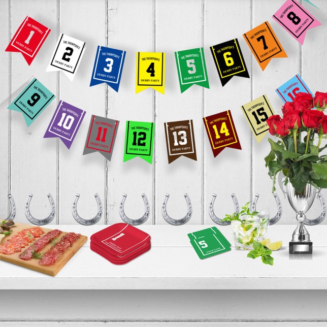 Färgstarka Tävling-hästnummer Derby Party Dekorati Vimplar (colorful personalized bunting for your horse racing party)
