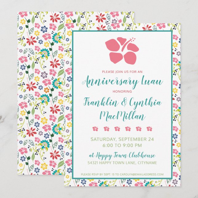 Färgstarka tropiska blommor - årsdag Luau Inbjudningar (Fram/baksida)