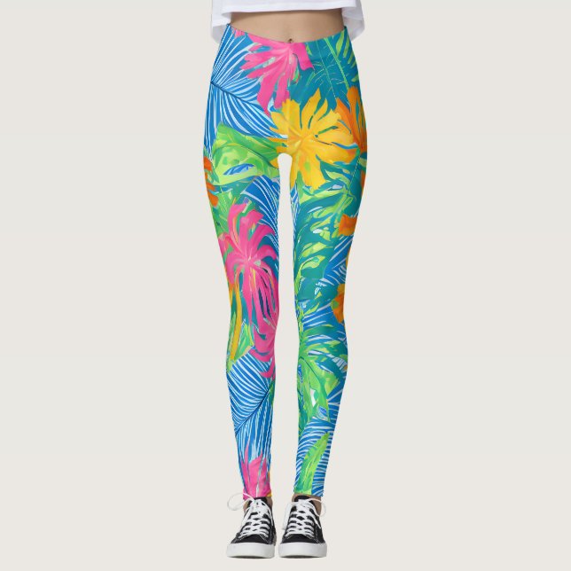 Färgstarka tropiska blommor och Löv Leggings (Framsida)