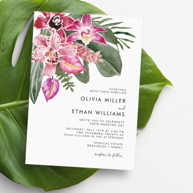 Färgstarka, tropiska bröllopsinbjudningar inbjudningar (Colorful Tropical Floral Wedding Invitations by Painted Paperie)