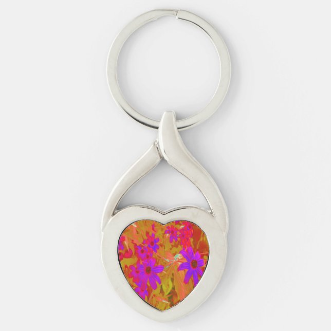 Färgstarka ultraviolett, Magenta och röda Wildblom Twisted Heart Silverfärgad Nyckelring (Framsidan)