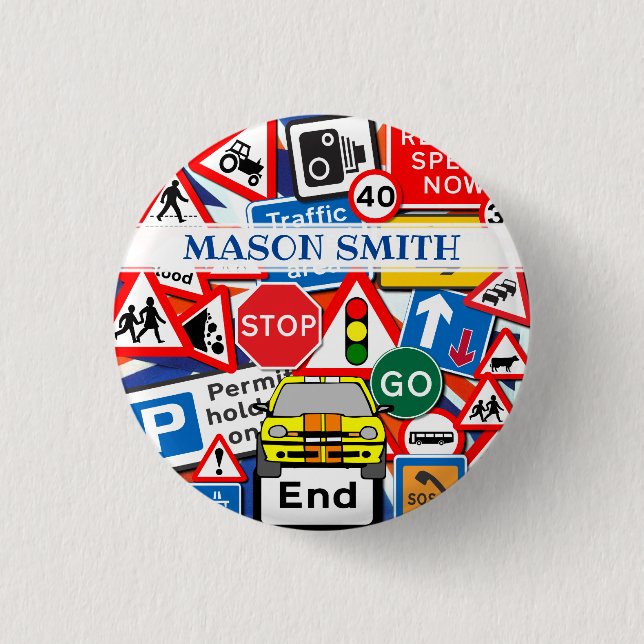 Färgstarka vägmärken och eget namn för bil knapp (Framsida)