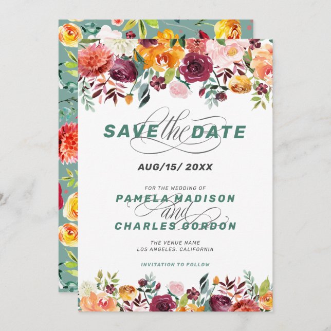 Färgstarka vattenfärger blommor och kalligrafi-acc inbjudningar (Fram/baksida)