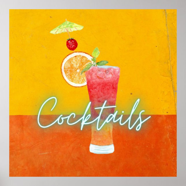 Färgstarka vattenfärger och Neon Tropical Cocktail Poster (Framsidan)