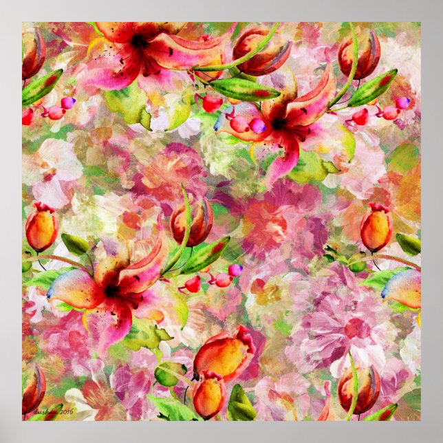 Färgstarka vattenfärger, sommarlilja Illustration Poster (Framsidan)