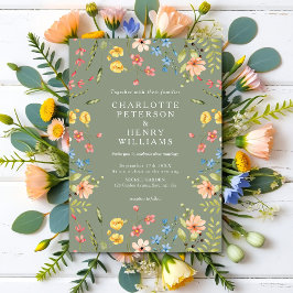 Färgstarka Wildblommor Sage Grönt Garden Wedding Inbjudningar