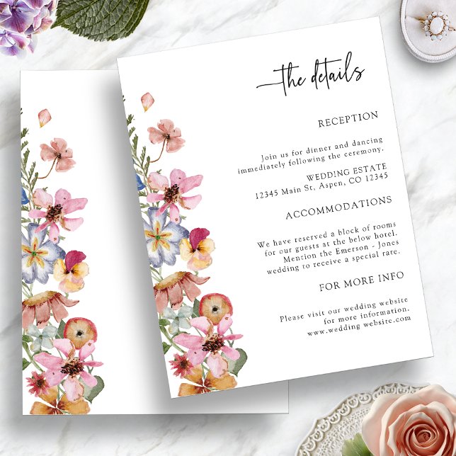 Färgstarkt blomsterdetaljkort för bröllopsinbjudan tilläggskort (Colorful Floral Wedding Detail Enclosure Card by Painted Paperie
)