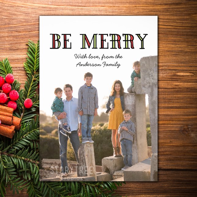 Färgstarkt foto-flata kort för Helgdag (Colorful Be Merry Holiday Photo Card)
