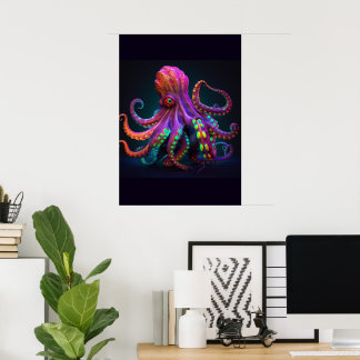 Färgstarkt Sjöliv för Psychedelic Octopus Skriv ut Poster