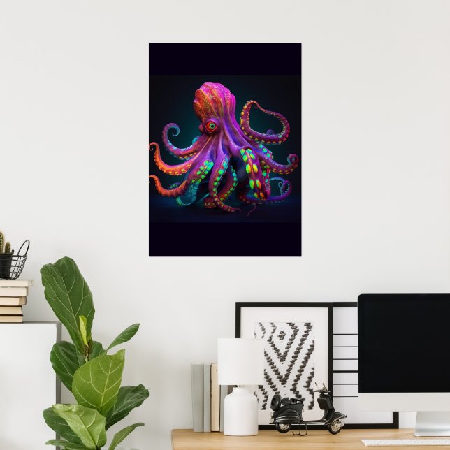 Färgstarkt Sjöliv för Psychedelic Octopus Skriv ut Poster (Hemmakontoret)