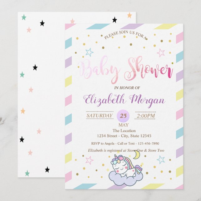 Färgstjärnor, inbjudan till enhörniga babyskor (Fram/baksida)