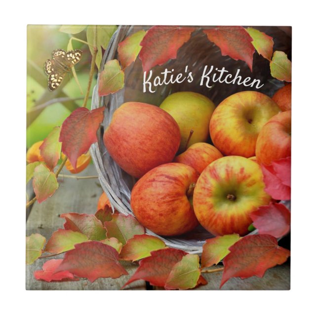Färgt äpple Basket och Höst löv. Anpassad Kakelplatta (Framsidan)