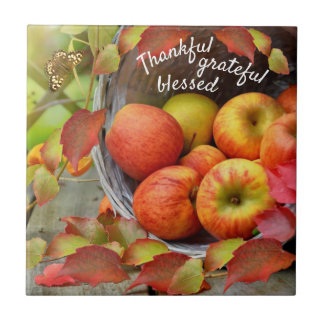 Färgt äpple Basket och Höst löv. Kakelplatta