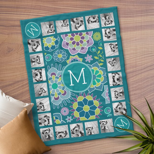 Färgt Blommönster 11 Photo Monogram Fleecefilt (Personalized Fleece Blanket)