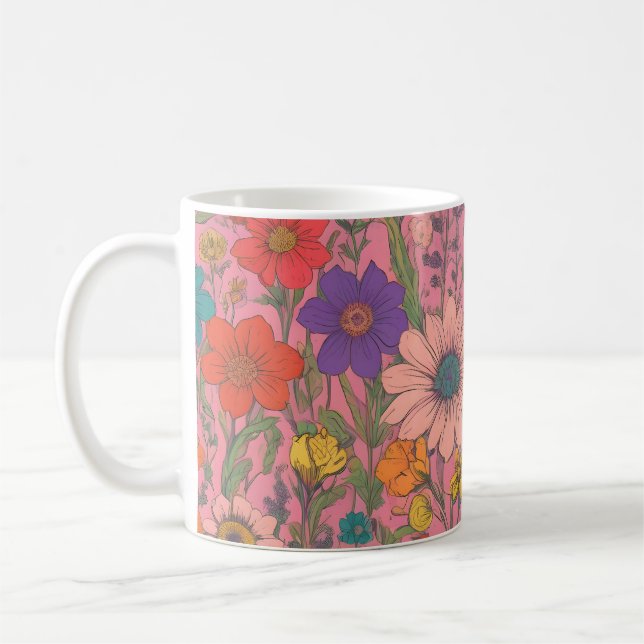 Färgt blommönster på rosa kaffemugg (Vänster)