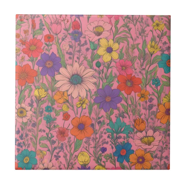 Färgt blommönster på rosa kakelplatta (Framsidan)
