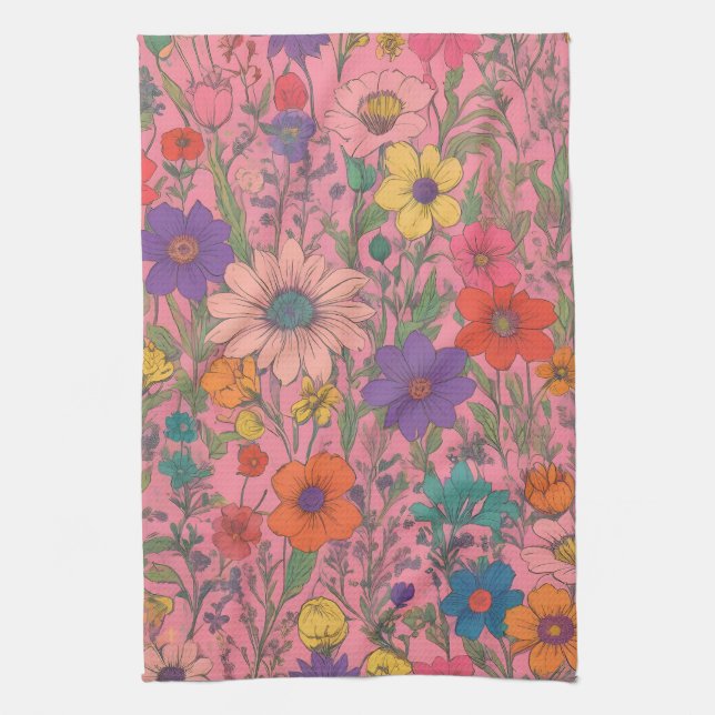 Färgt blommönster på rosa kökshandduk (Vertikal)