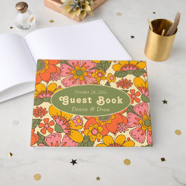 Färgt Blommönster Retro Boho 70 s Bröllop Gästböcker