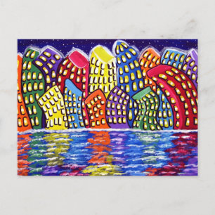 Färgt Cityscape Roligt Folk Art-postkort Vykort