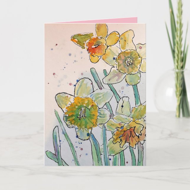 Färgt Gult Daffodil Watercolor Hälsning Card Kort (Framsida)