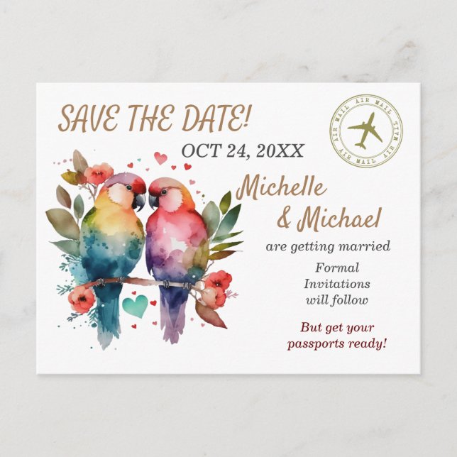 Färgt Love birds, spara datum för flygposten Helg Vykort (Framsida)