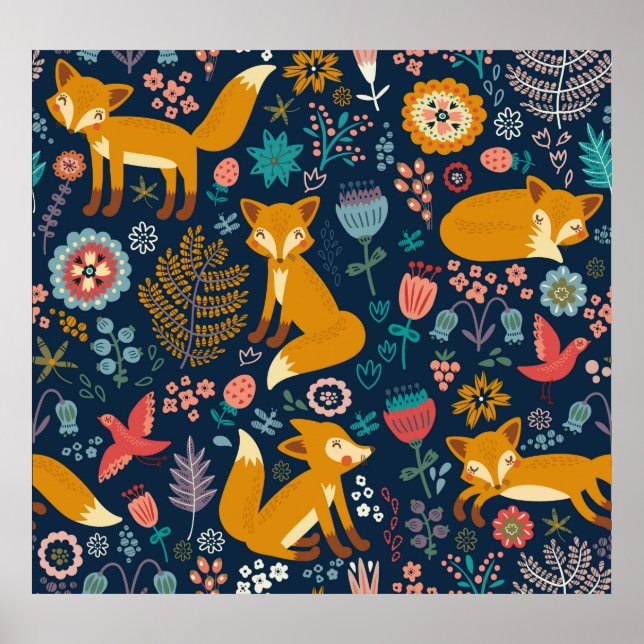 Färgt mönster med foxfox,mönster,skog,fall poster (Framsidan)