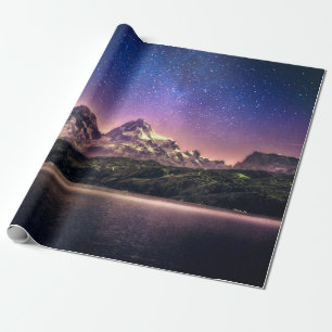 Färgt nattelandskap i himlar med stjärnstjärnor presentpapper