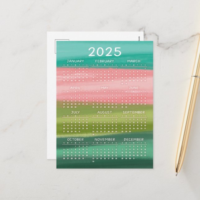 Färgt Vågrät Vattenfärgstryck 2025 Helg Vykort (Fram/Back In Situ)