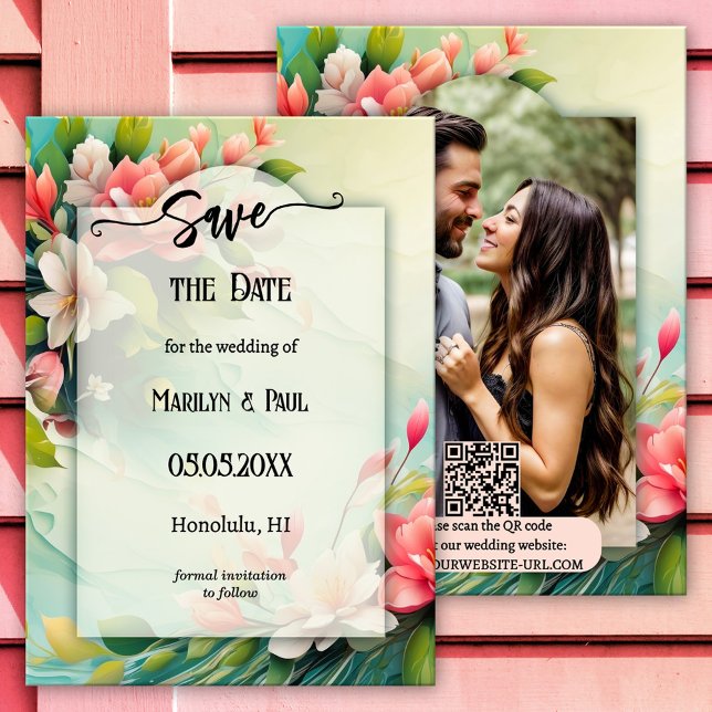 Färgt Vår blommor Retro-foto Spara datum Spara Datumet (Wedding Save the Date card featuring a colorful retro floral design with your custom photo + QR code)
