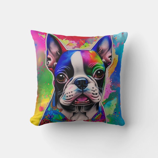 Färgton Boston Terrier Paint Stänk Square Kudde (Framsida)