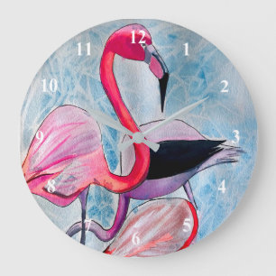 Färgton för rosa flamingo vattenfärgsbild stor klocka