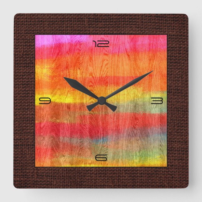 Färgton Modern träbete Burlap Gräns #7 Fyrkantig Klocka (Framsida)