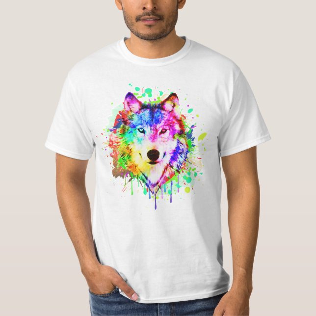 Färgton Stänk Varg Art T Shirt (Framsida)