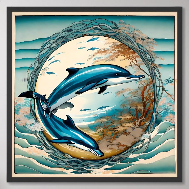 Färgtoning med Sjögräs Circle Blue Harmony Poster (Dolphin Painting with Seaweed Circle Blue Harmony)