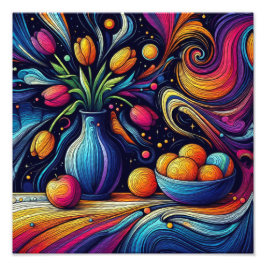 Färgtulpaner och färska orangar fototryck