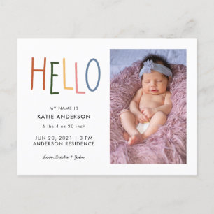 Färgtypografi Hej Birth Notice Inbjudan Vykort
