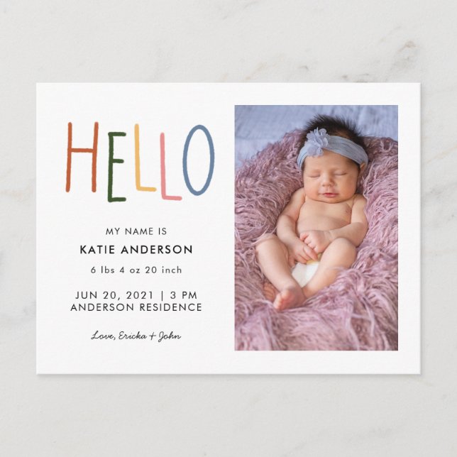 Färgtypografi Hej Birth Notice Inbjudan Vykort (Framsida)