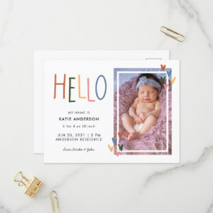 Färgtypografi Hej Birth Notice Inbjudan Vykort