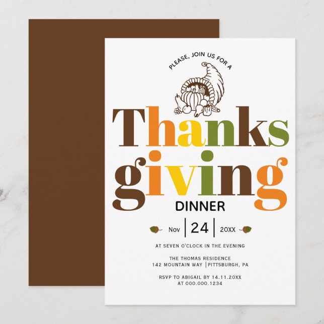 Färgtypografi och kornuskopa-Thanksgiving Inbjudningar (Fram/baksida)