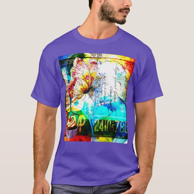 Färgupplopp Retro Fjärilskollage T Shirt (Framsida)