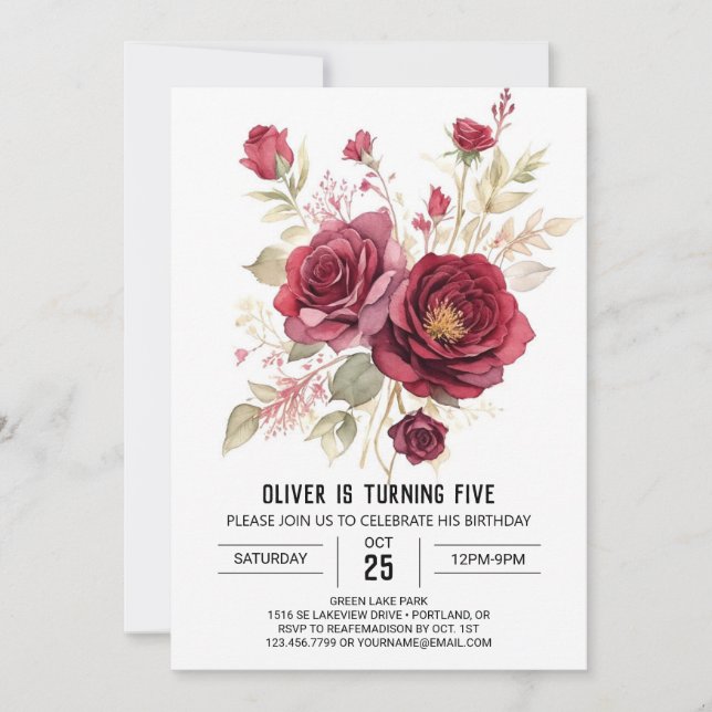 Färgutskrivbar burgundisk Blommigt födelsedag Inbjudningar (Framsida)