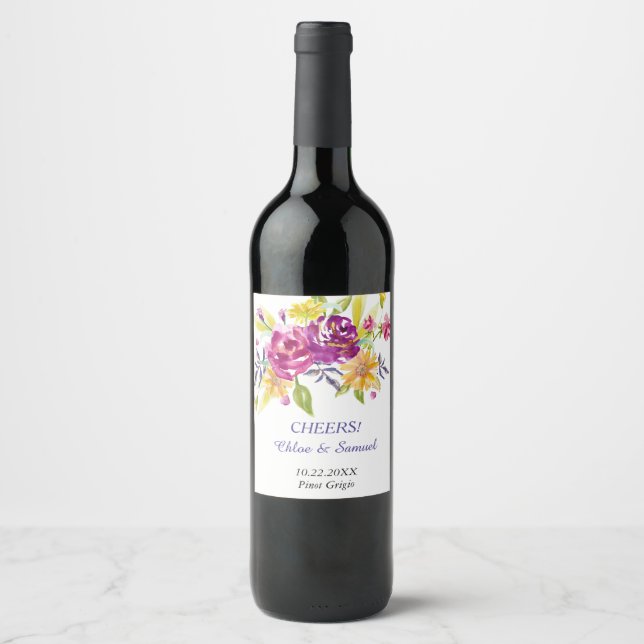 Färgvattenfärg Bouquet Personlig Bröllop Vinflaska Etikett (Framsida)