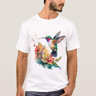 Färgvattenfärg Hummingbird och blommor 13 Cla T Shirt