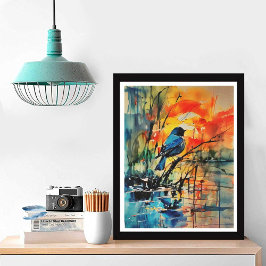 Färgvattenfärg liggande Sjö och fåglar Fototryck