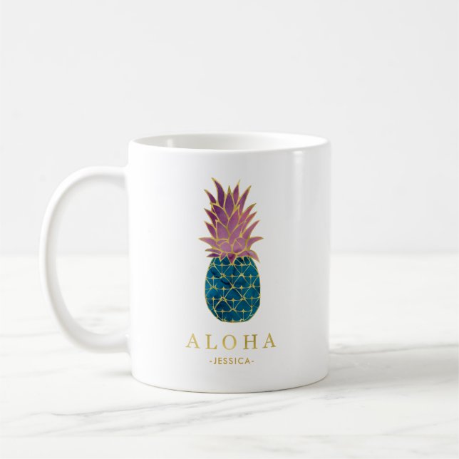 Färgvattenfärgad ananas och Guld Aloha Kaffemugg (Vänster)