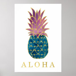 Färgvattenfärgad ananas och Guld Aloha Poster