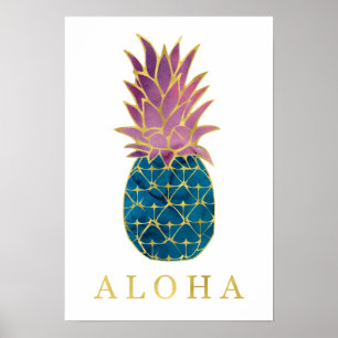 Färgvattenfärgad ananas och Guld Aloha Poster