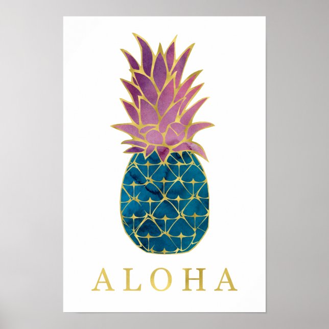 Färgvattenfärgad ananas och Guld Aloha Poster (Framsidan)