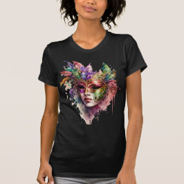 FÄRGVATTENFÄRGMARDI GRAS MASK & FJÄDRAR T SHIRT