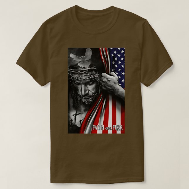 Farhågor om Jesus amerikanska Flagga Patriot Krist T Shirt (Design framsida)